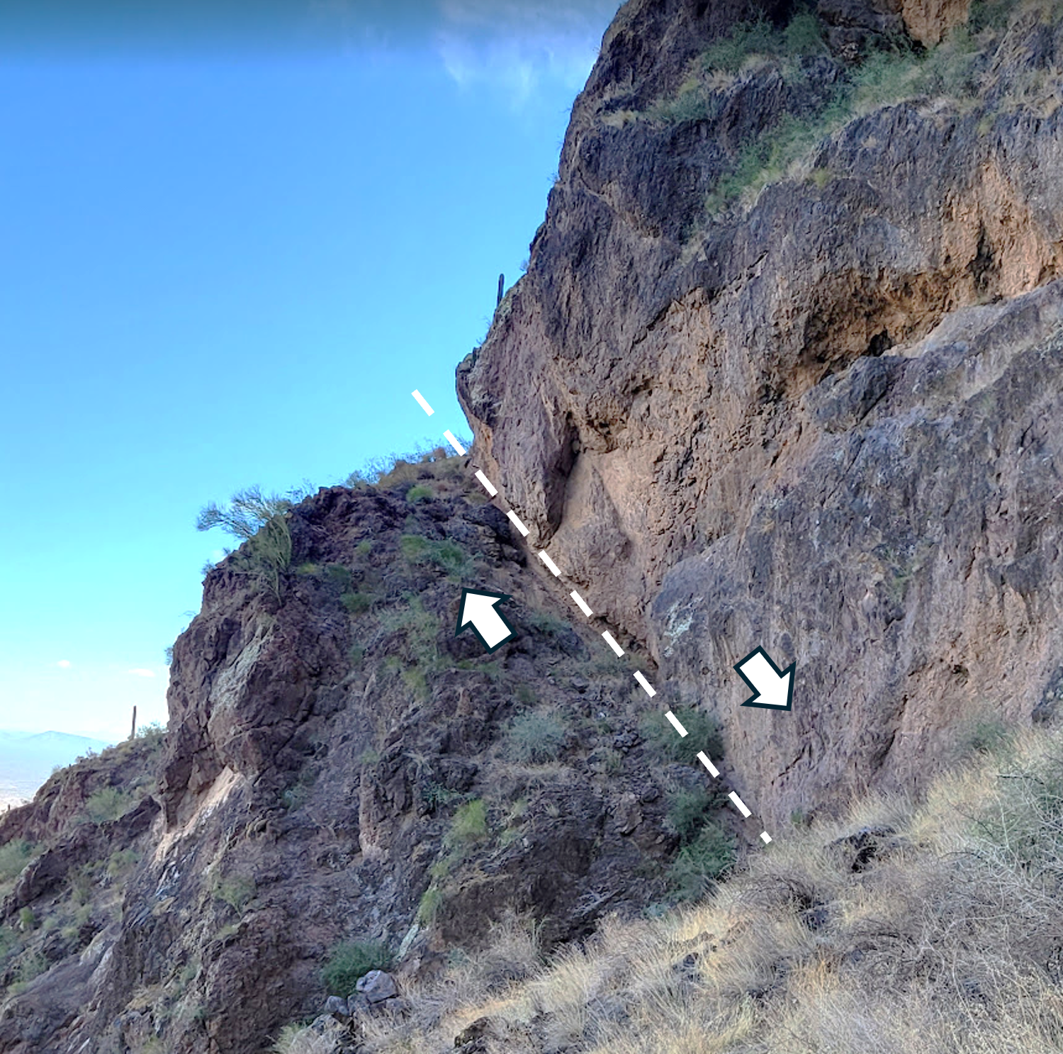 A dotted line shows where faults disrupted the volcanic rock